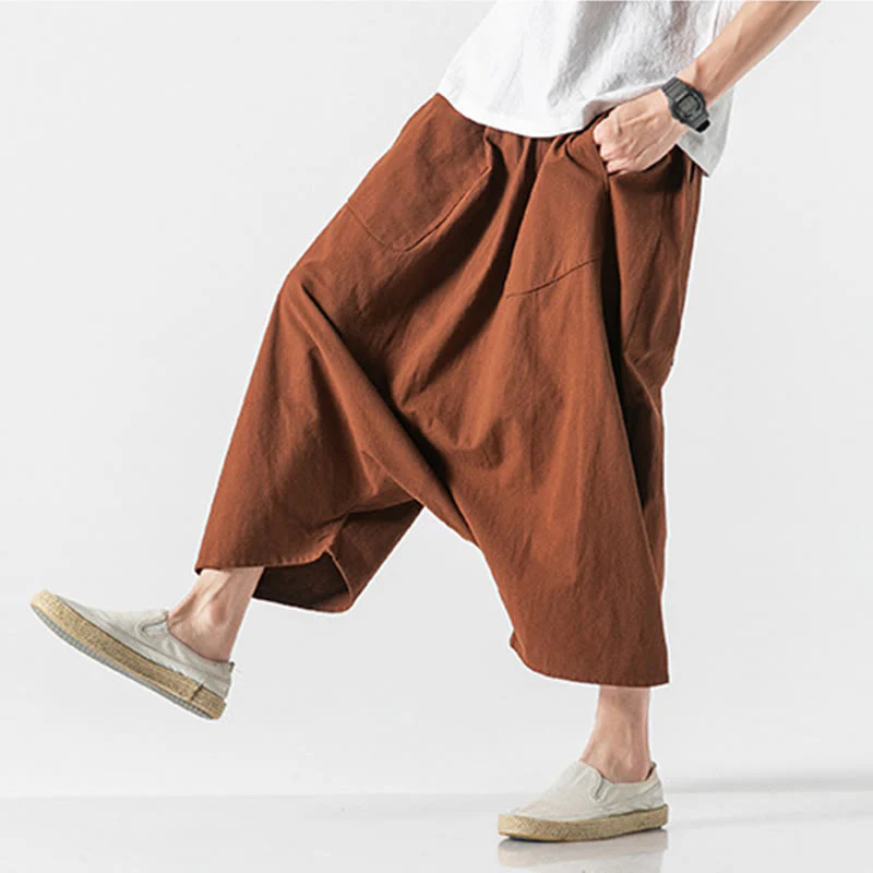 Buddha Stones Casual Low Crotch Design Drawstring Men's 7-8 Length Cotton Linen Wide Leg Pants With Pockets