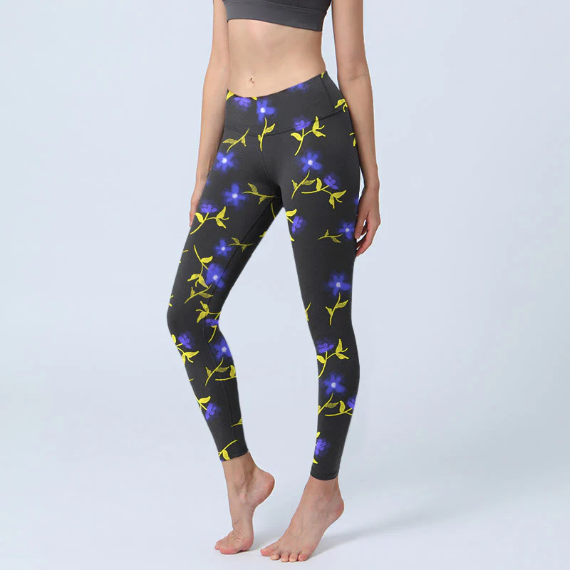 Buddha Stones Blue Flower Leaves Pattern Print Gym Leggings Women's Yoga Pants