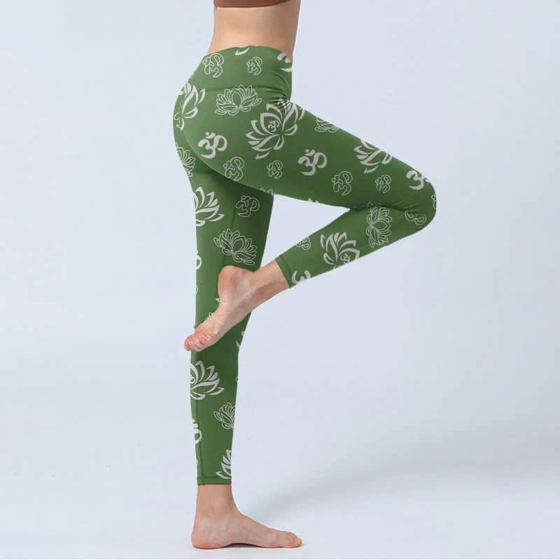 Buddha Stones Lotus Flower OM Symbol Print Gym Leggings Women's Yoga Pants