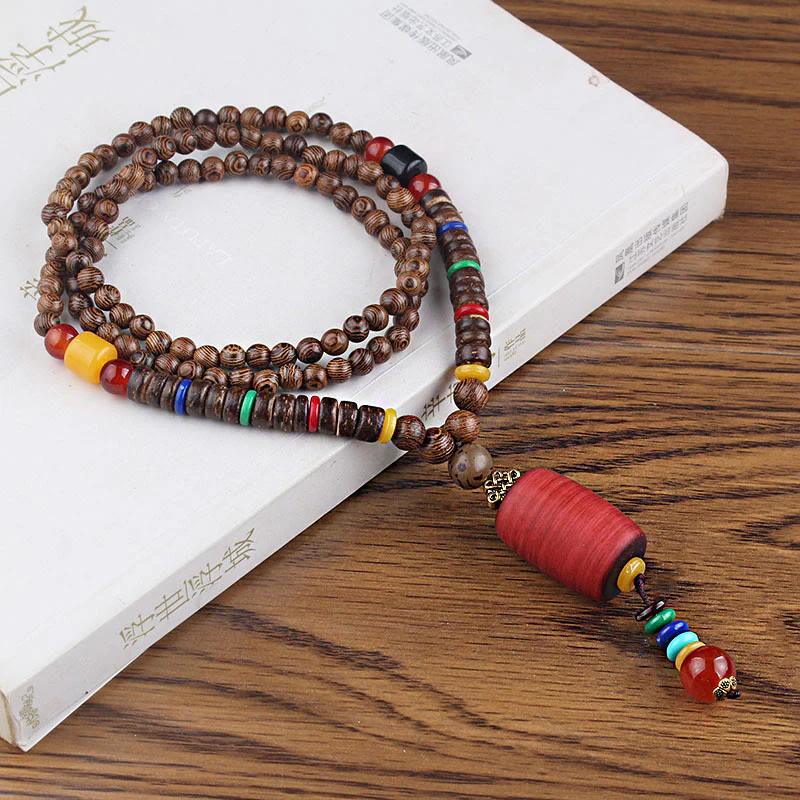 Buddha Stones Tibetan Wenge Wood Bodhi Seed Agate Balance Peace Necklace Pendant