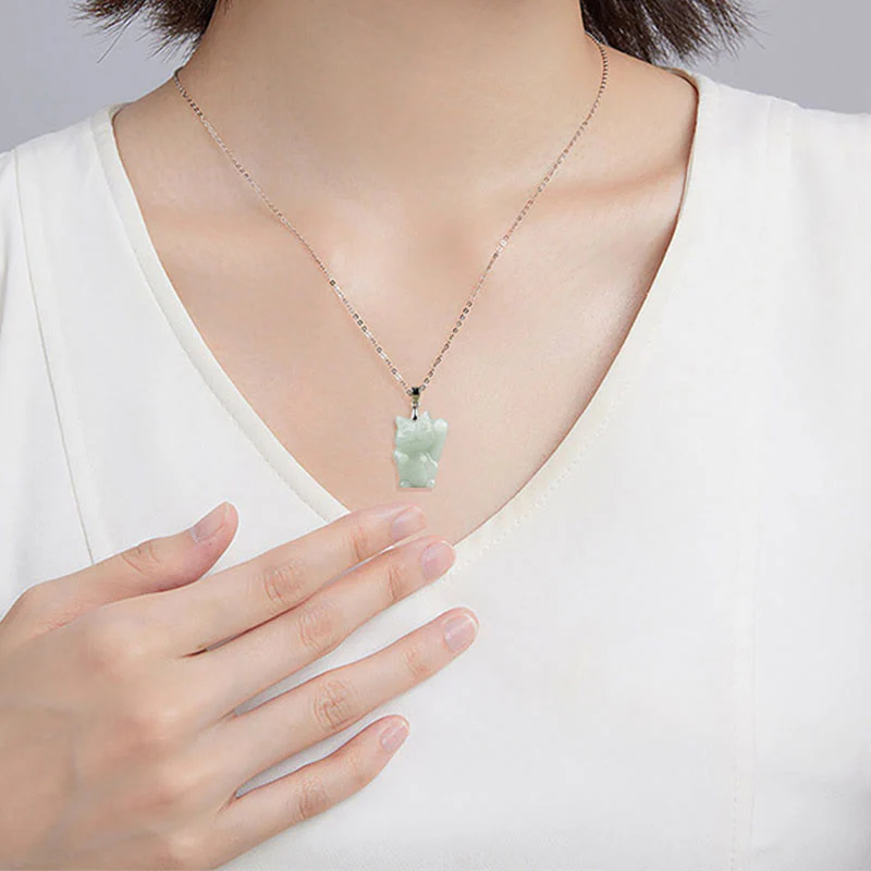 Buddha Stones 925 Sterling Silver Jade Fortune Cat Prosperity Necklace Pendant