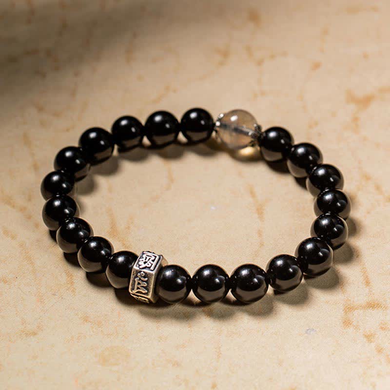 Buddha Stones Chinese Zodiac Natal Buddha 925 Sterling Silver Black Obsidian Moonstone Strength Bracelet