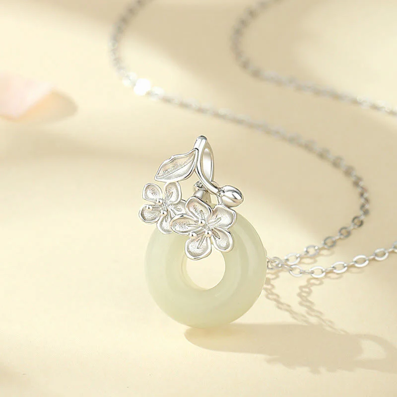 Buddha Stones Hetian Jade 999 Sterling Silver Peace Buckle Peach Blossom Necklace Pendant