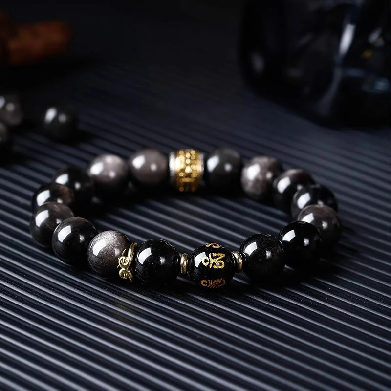 Buddha Stones Natural Silver Sheen Obsidian Tiger's Eye Six True Words 'Om Mani Padme Hum' Strength Bracelet