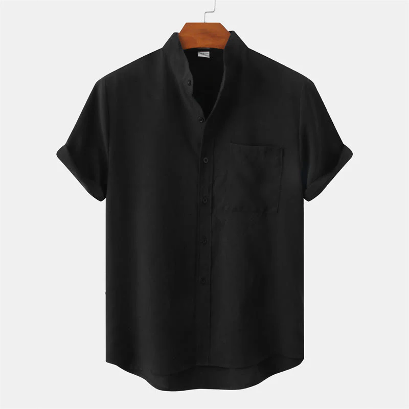 Buddha Stones Summer Men's Button Plain Short Sleeve Cotton Shirt With Pocket