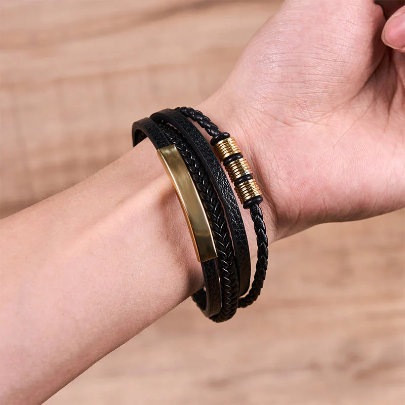 Buddha Stones Fashion Titanium Steel Leather Hand Woven Magnetic Buckle Strengthen Bracelet