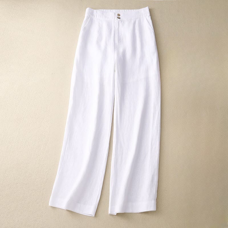 Buddha Stones Summer Casual Simple Design Linen Women's Wide Leg Pants With Zipper Pockets