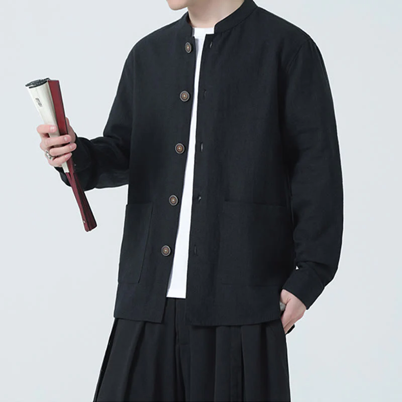 Buddha Stones Men's Button Ramie Linen Cotton Fleece Lined Jacket Shirt With Pockets