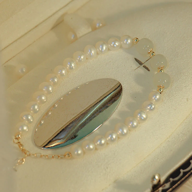 Buddha Stones 14K Gold Plated Natural Pearl Hetian Cyan Jade White Jade Sincerity Bead Chain Bracelet