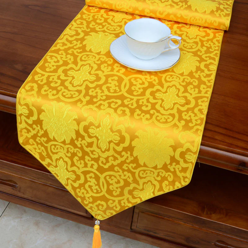 Buddha Stones Prayer Altar Flower Vajra Dragon Pattern Tibetan Auspicious Symbols Tassels Jacquard Table Runner