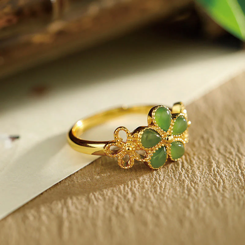 Buddha Stones Natural Hetian Jade 925 Sterling Silver Plated Gold Flower Adjustable Prosperity Ring