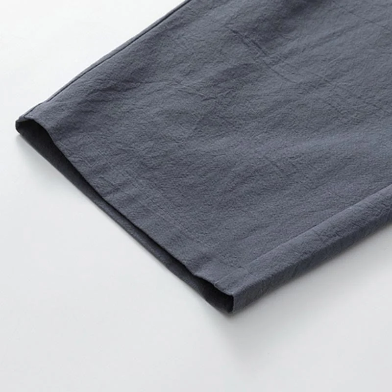 Buddha Stones Summer 2Pcs Plain Crew Neck T-Shirt Drawstring 7-8 Length Pants Cotton Linen Tang Suit Men's Meditation Cloth Set With Pockets