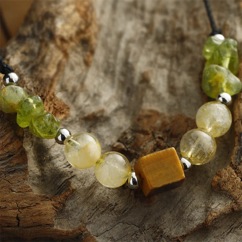 Buddha Stones Find Your Joy Peridot Citrine Tiger Eye Peace Rope Bracelet