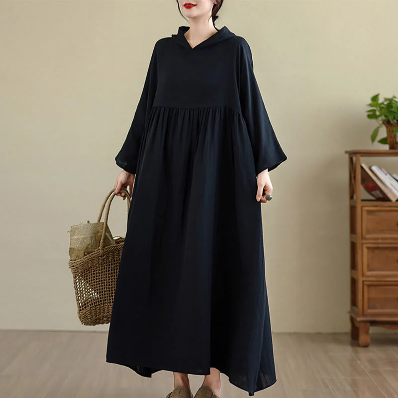 Buddha Stones Fall Hoodie Design Long Sleeve Cotton Linen Midi Dress With Pockets