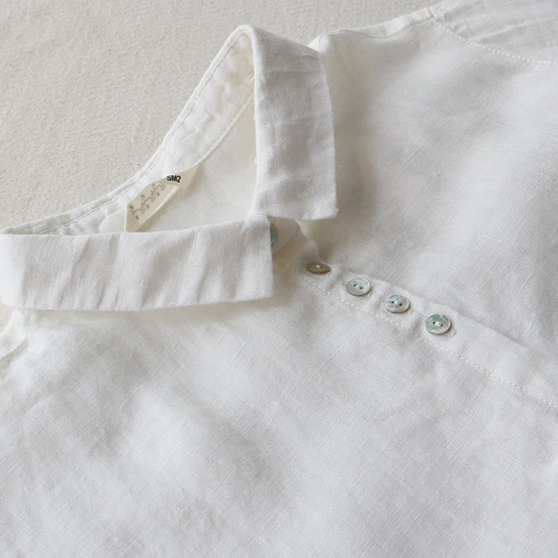 Buddha Stones Buttons Design Lapel Three Quarter Sleeve Cotton Linen Midi Dress With Pockets