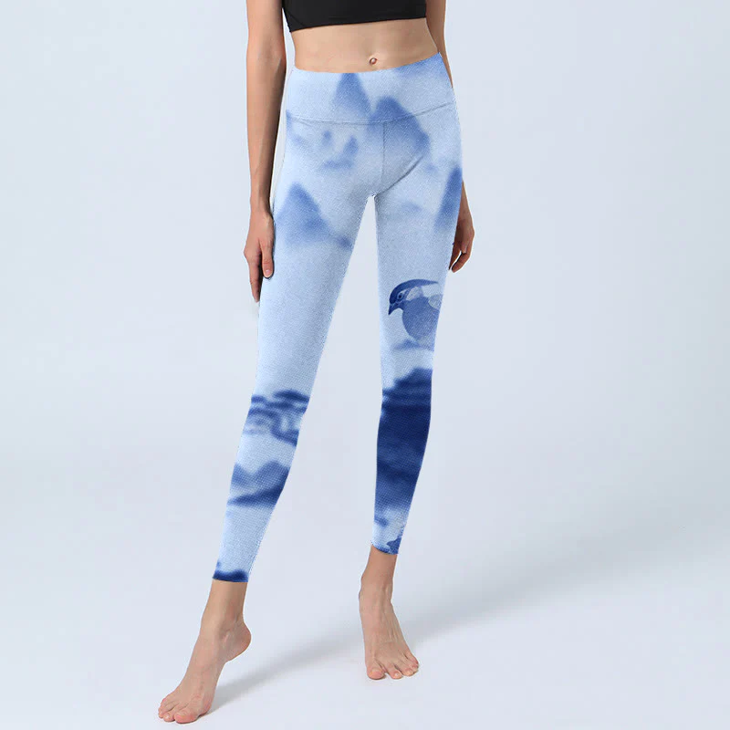 Buddha Stones Blue Bird Peony Print Sports Leggings Women's Yoga Pants