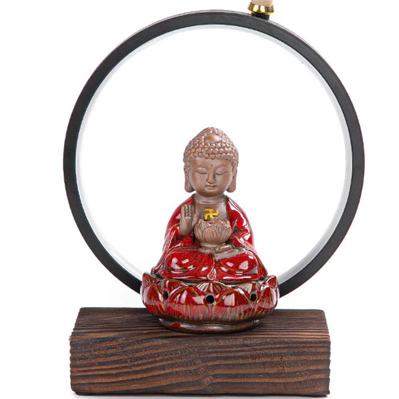 Buddha Stones Buddha Lotus Backflow Smoke Fountain Ceramic Blessing Incense Burner With Light Decoration