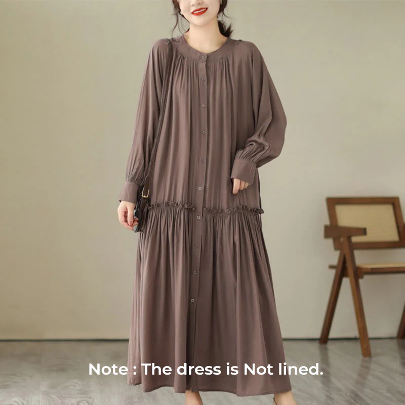 Buddha Stones Casual Plain Crew Neck Pleated Polyester Midi Dress With Pockets