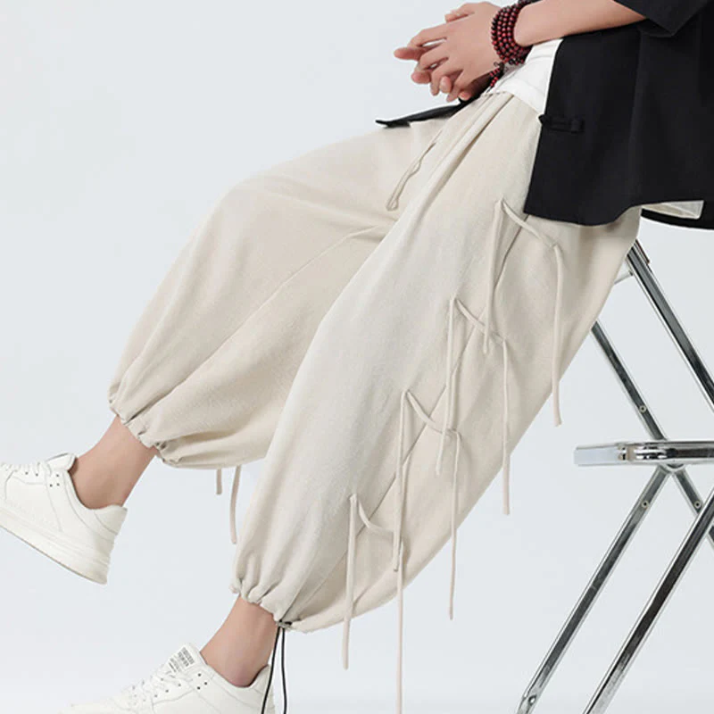 Buddha Stones Casual Loose Lanyard Design Waist Rope Men's 7-8 Length Spandex Pants With Pockets