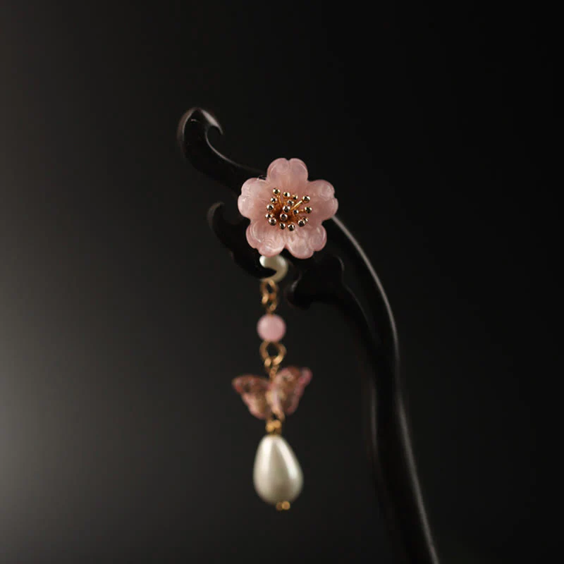 Buddha Stones Ebony Flower Butterfly Blessing Hairpin