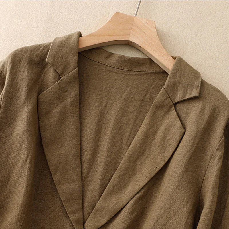 Buddha Stones Commute Retro Pure Color Lapel Cotton Linen Women's Jacket With Pockets