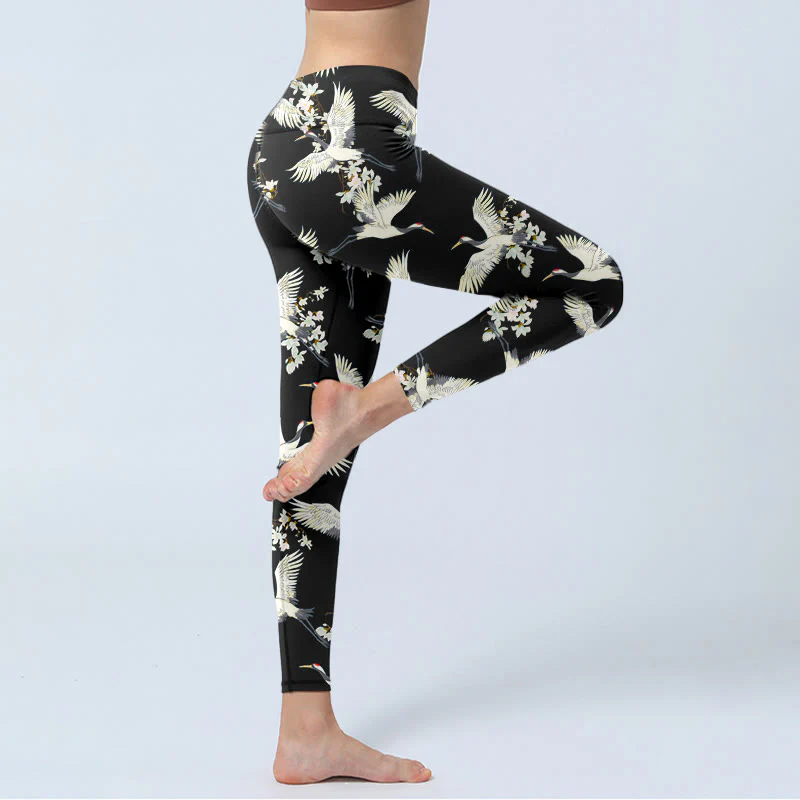 Buddha Stones White Cranes Blossoms Print Gym Leggings Women's Yoga Pants