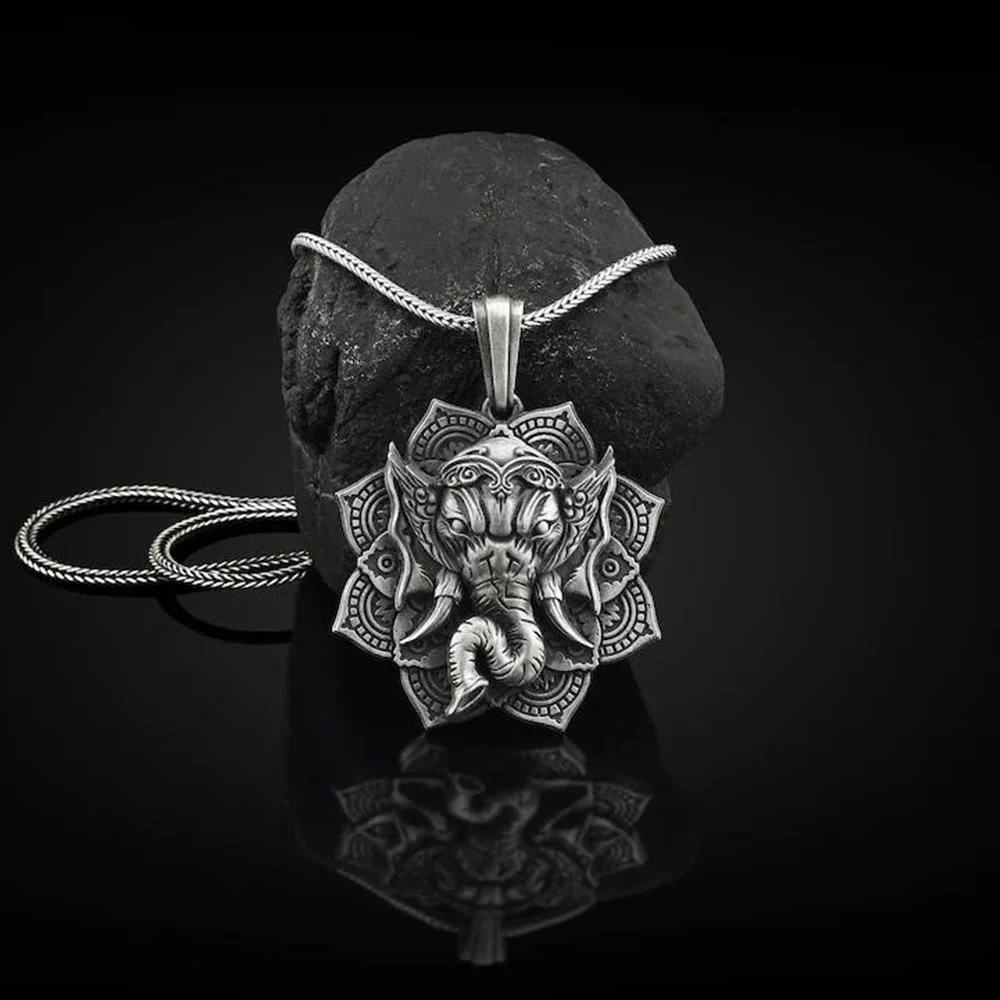 Buddha Stones Pure Tin Ganesh Ganpati Elephant Protection Amulet Necklace Pendant