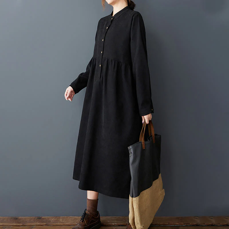 Buddha Stones Casual Plain Buttons Design Thermal Cotton Linen Midi Dress With Pockets