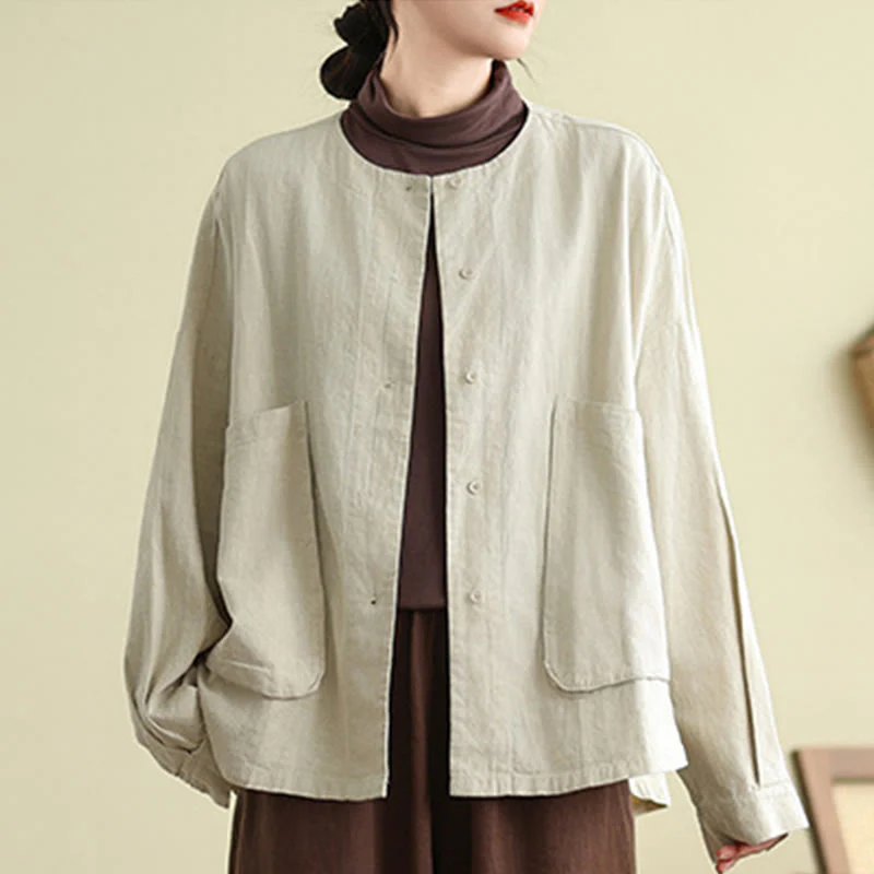 Buddha Stones Plain Design Long Sleeve Women's Cotton Linen Jacket With Pockets