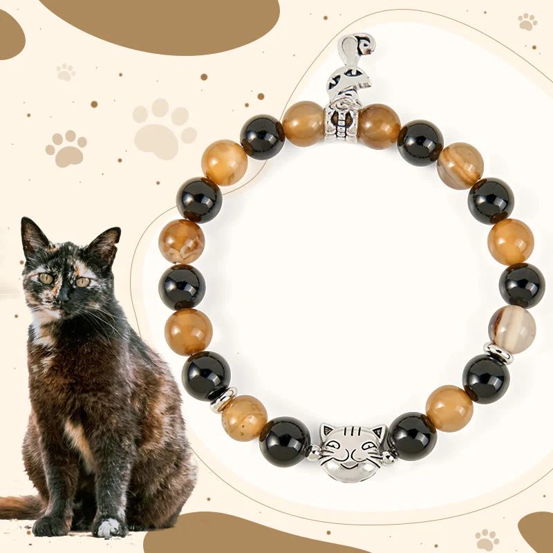 Buddha Stones Tortoiseshell Cat Light Brown Striped Agate Black Onyx Protection Bracelet