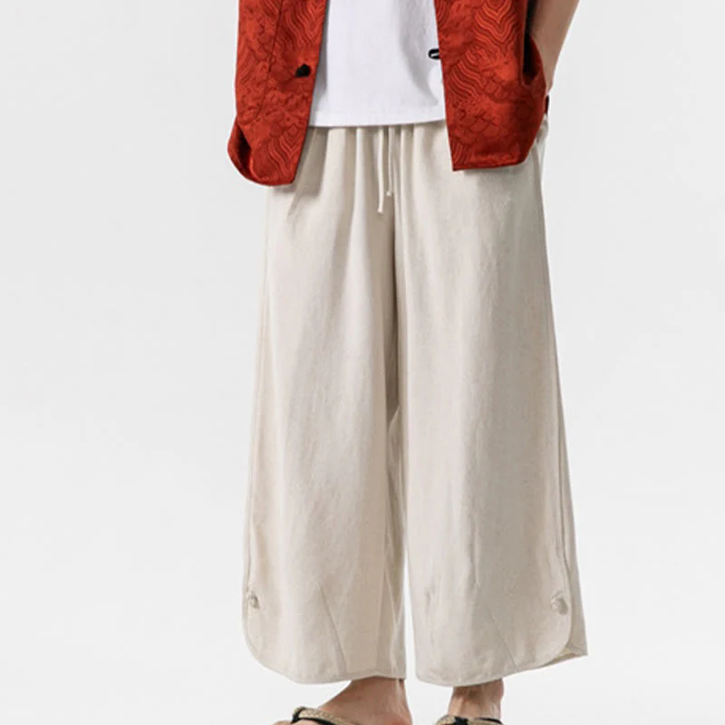 Buddha Stones Casual Loose Frog-Button Plain Men's Cotton Linen 7-8 Length Pants With Pockets