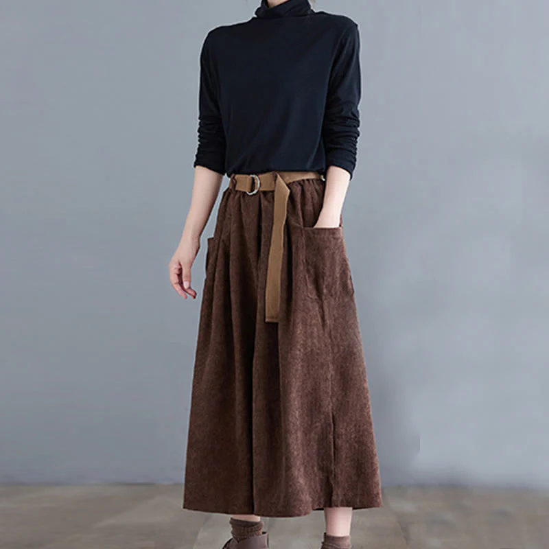 Buddha Stones Retro Women's Wide Leg 7-8 Length Corduroy Cotton Pants With Pockets Belt