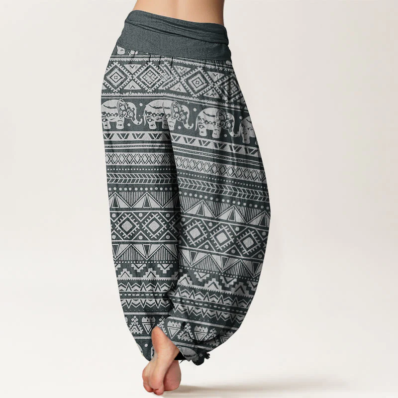 Buddha Stones Pure Cotton Casual Elephant Geometric Figure Women's Elastic Waist Harem Pants