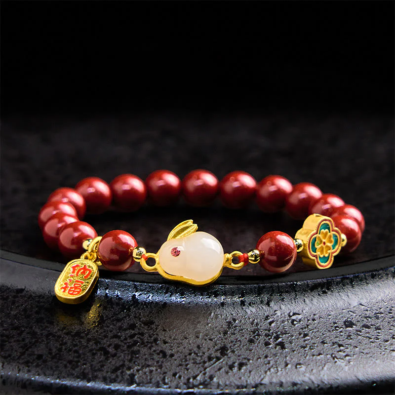 Buddha Stones Cinnabar Cute Rabbit Bunny Fu Character Calm Bracelet