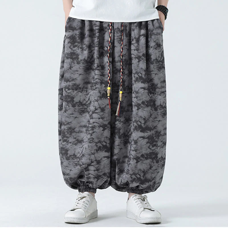 Buddha Stones Retro Casual Drawstring Design Floral Pattern Men's Harem Pants With Pockets
