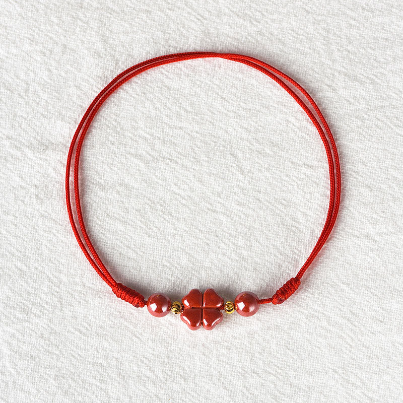 Buddha Stones Four Leaf Clover Cinnabar Blessing Calm String Bracelet Anklet