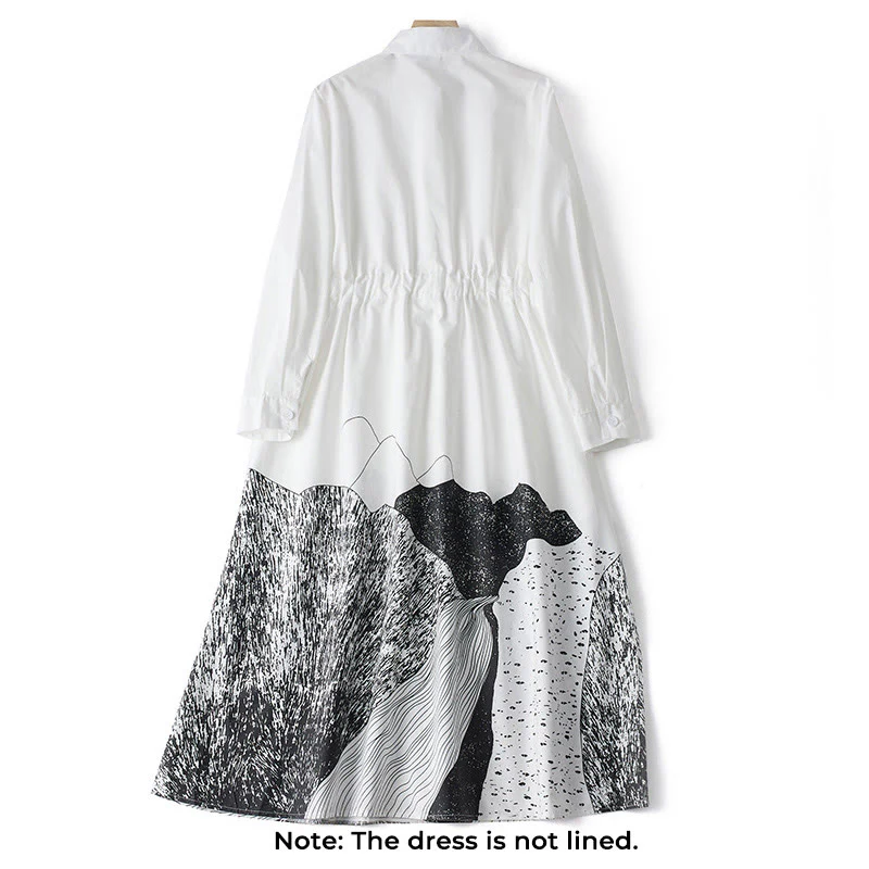 Buddha Stones Printing Irregular Lines Back Lace-up Design Lapel Cotton Midi Dress With Pockets