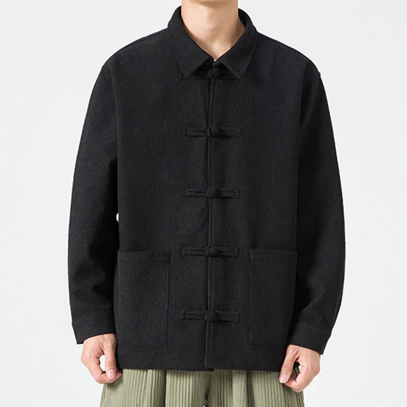 Buddha Stones Long Sleeve Frog-button Design Men's Polyester Jacket Shirt With Pockets