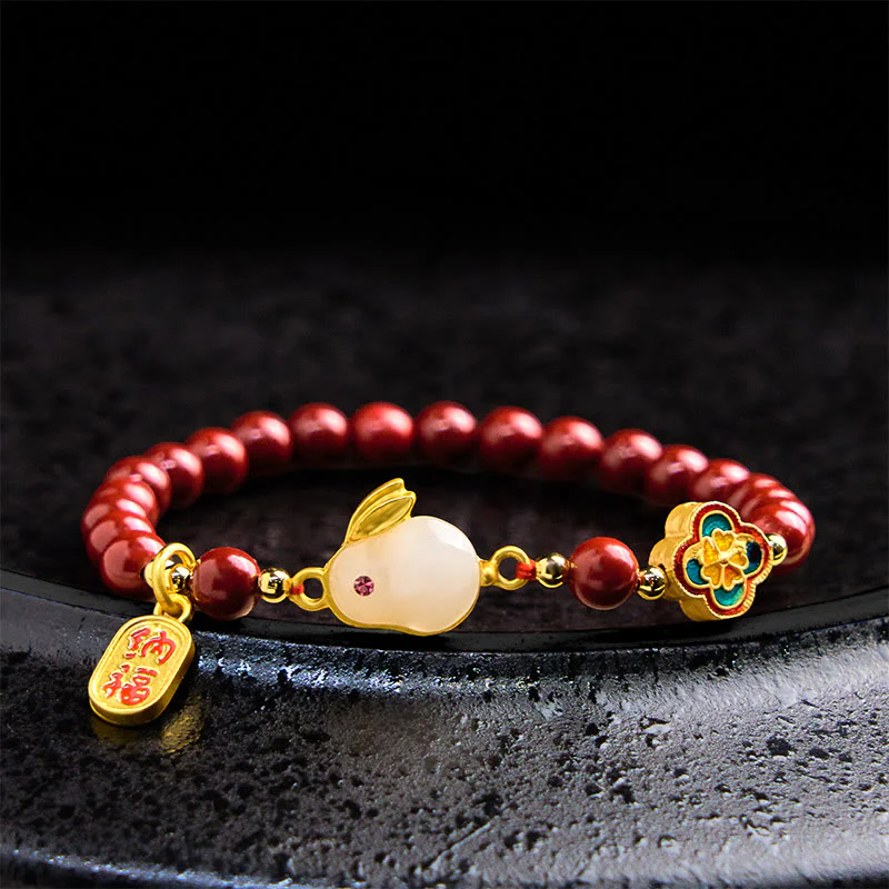 Buddha Stones Cinnabar Cute Rabbit Bunny Fu Character Calm Bracelet