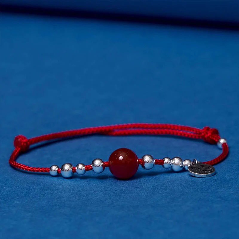 Buddha Stones Handmade 925 Sterling Silver Fu Character Red Agate Fortune Braided Ultra-Thin Rope Bracelet