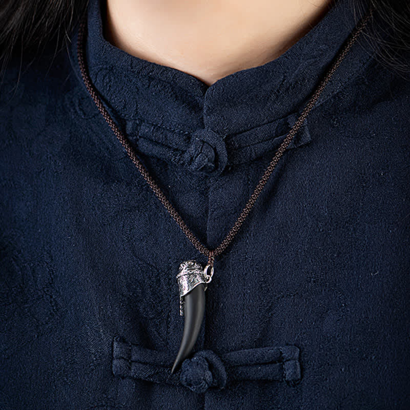 Buddha Stones 925 Sterling Silver Black Obsidian Wolf Tooth Pattern Strength Necklace Pendant