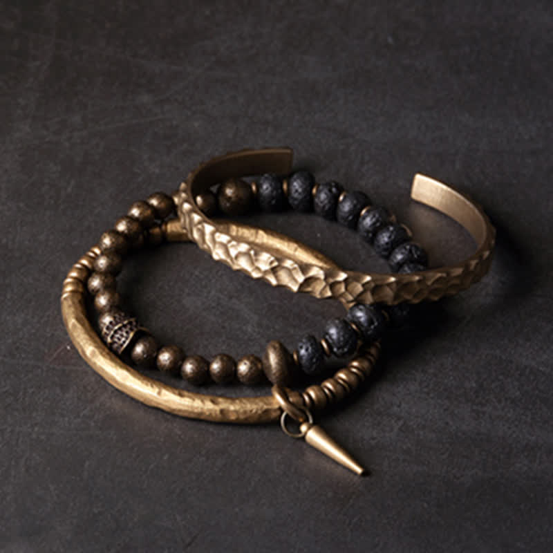 Buddha Stones Lava Rock Stone Copper Balance Cuff Bracelet Bangle