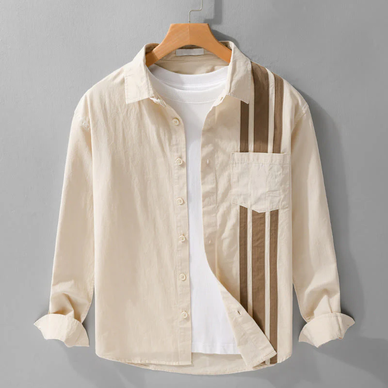 Buddha Stones Casual Fall Lapel Color Contrast Patchwork Design Men's Long Sleeve Cotton Shirt With Pocket
