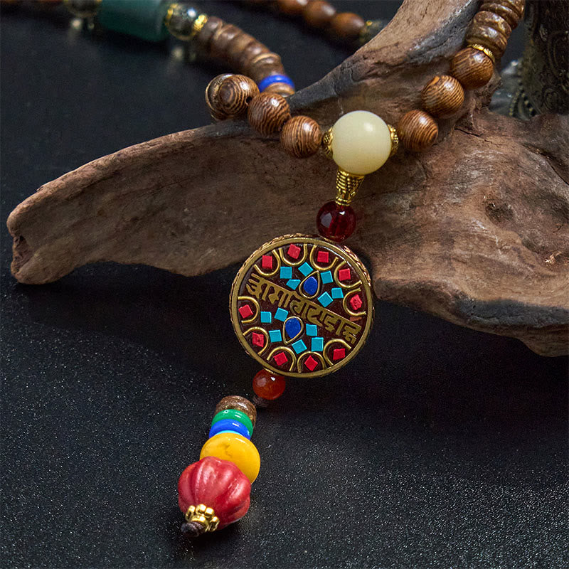 Buddha Stones Tibetan Handmade Coconut Shell Schima Wood Great Bright Mantra Copper Bead Balance Necklace Pendant