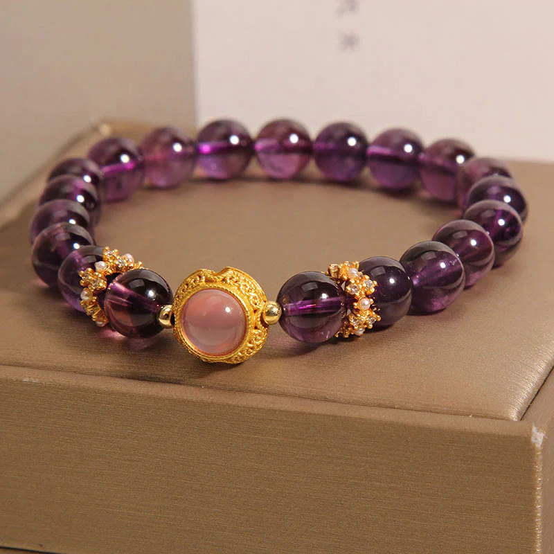 Buddha Stones Natural Amethyst Strawberry Quartz Beads Healing Bracelet