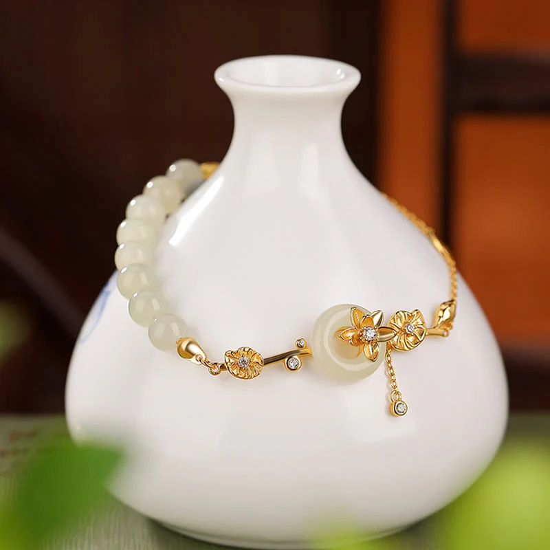 Buddha Stones 925 Sterling Silver Hetian Jade Peace Buckle Lotus Luck Chain Bracelet