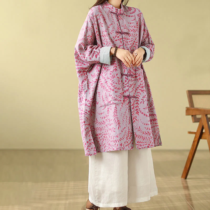 Buddha Stones Frog-button Vine Leaves Women's Cotton Linen Coat With Pockets