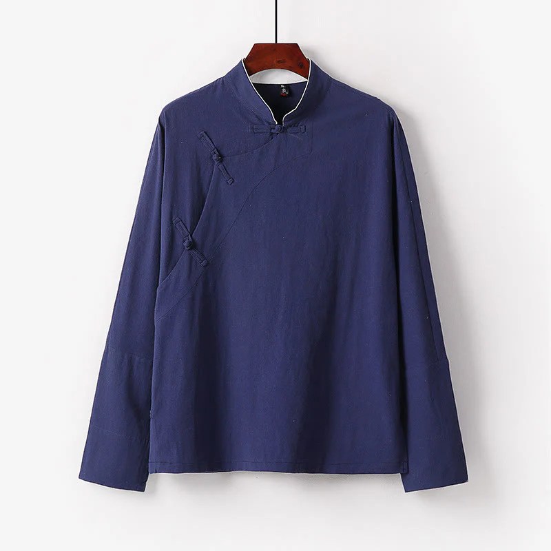 Buddha Stones Vintage Plain Chinese Frog-Button Cotton Long Sleeve Men's Shirt
