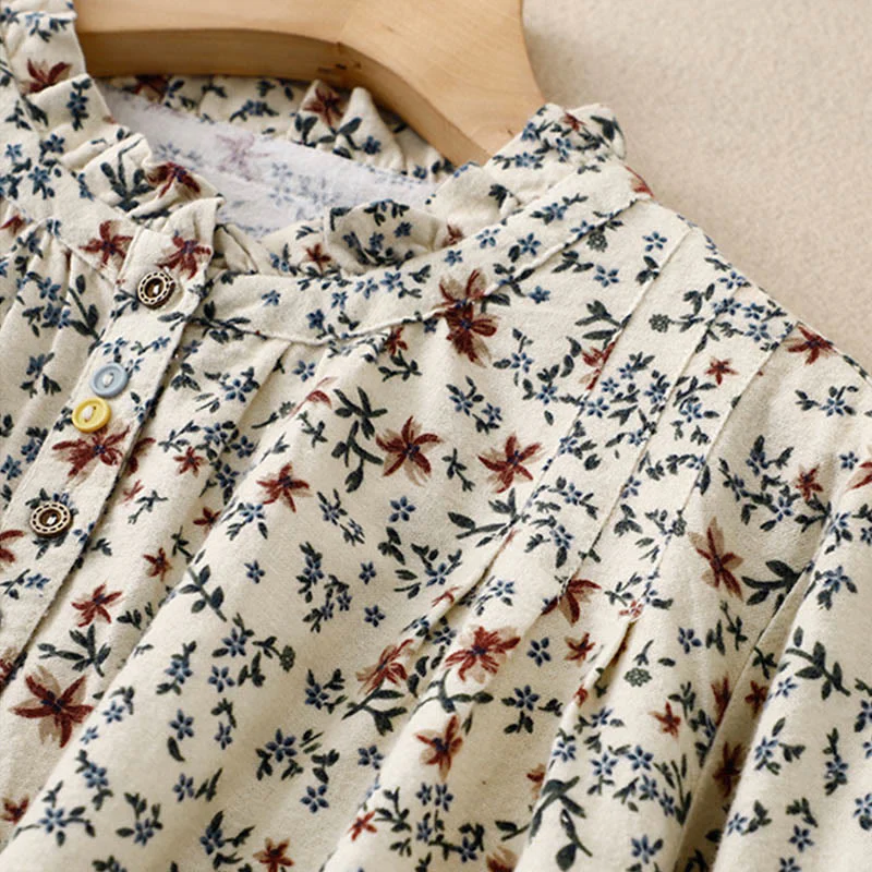 Buddha Stones Casual Florals Crew Neck Cotton Linen Women's Shirt