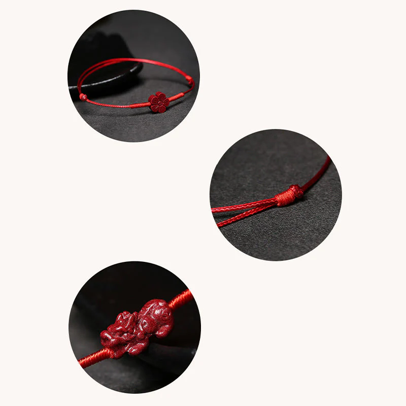 Buddha Stones Handmade Plum Blossom Four Leaf Clover PiXiu Lotus Koi Fish Cinnabar Blessing Braid Bracelet